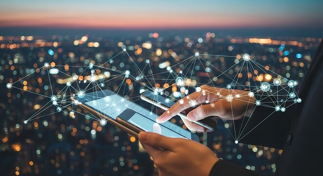 Person using tablet with glowing network overlay over city at night