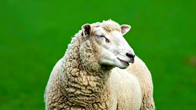 Close Up Portrait of a Fluffy White Sheep on a Green Field.