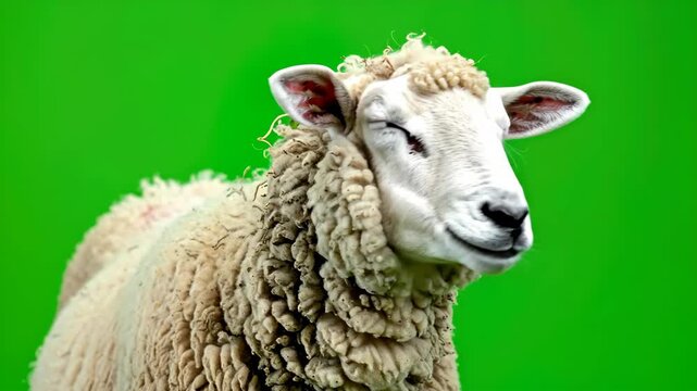 Close Up Portrait of a White Sheep on a Green Screen Background.