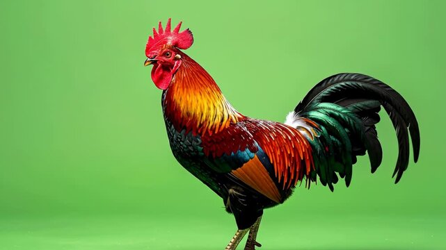 Colorful Rooster with Vibrant Plumage Posing on Green Background.