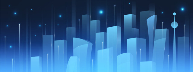Futuristic tech cityscape with AI data streams and glowing blue buildings for digital visualization. Neon vertical lines with stars on smart urban network. Modern background for presentation.