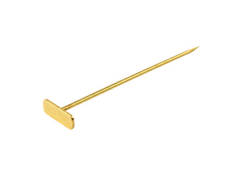 Isolated gold plated T-pin needle used for blocking knitting projects, detailed macro