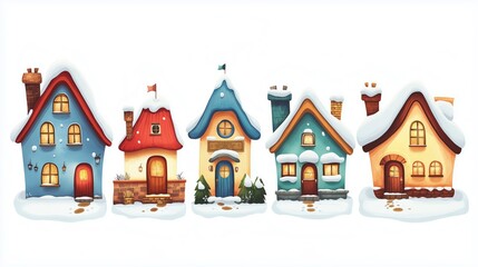 Set of small houses with cheerful colors create a cozy village atmosphere