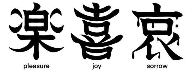 Pictorial Japanese kanji characters for pleasure, joy and sorrow isolated on transparent background, calligraphy art, tattoo idea