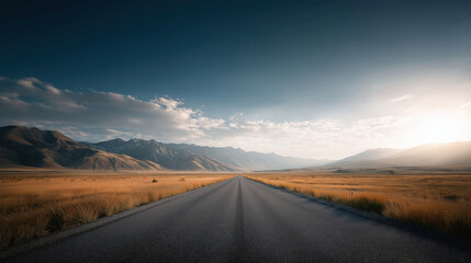 Naklejka premium Open Road Leading to Mountains Under a Blue Sky at Sunset with Field Views in Nature and Travel Concept