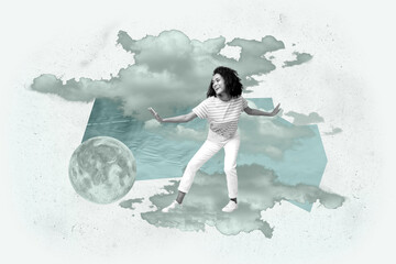 Zine 3d poster art collage of happy girl guy stand space galaxy moon planet cosmos discovery...