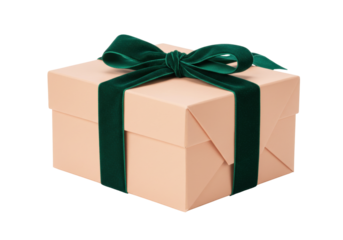 Isolated Gift Box Wrapped with Emerald Green Velvet Ribbon and Bow for Holiday Giving