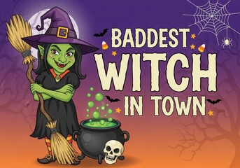 Illustration of baddest witch in town with cauldron and broom vector illustration