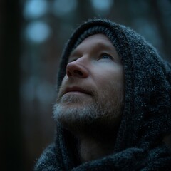 Person winter forest authentic teaching moment realistic human expressions natural soft lighting shallow DOF cinematic tones photorealistic DSLR photo with 85mm lens professional candid style