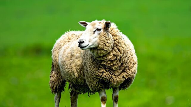 A solitary fluffy sheep standing in a vibrant green pasture.
