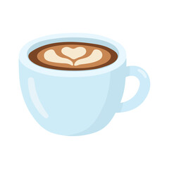 Light blue coffee cup with heart-shaped latte art and leaf patterns on creamy brown beverage surface