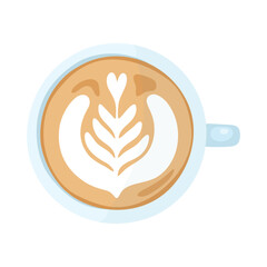 Fototapeta premium Top-down view of latte in light blue cup with symmetrical rosetta latte art and creamy milk texture