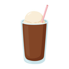 Glass of root beer float with vanilla ice cream scoop and pink straw in blue-tinted transparent glass