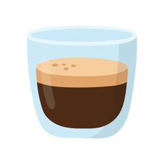 Transparent glass of espresso with rich dark liquid and light brown crema layer on top of the drink