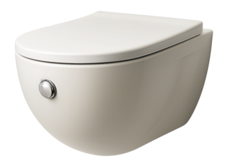Curved wall-mounted toilet with a chrome button, adding elegance to a luxury space.