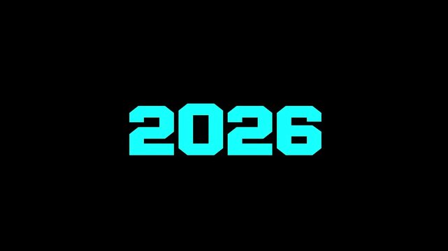 Futuristic visual of the year 2026, glowing with a bright turquoise, angular, blocky digital font style.