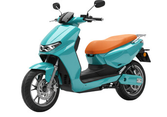 Isolated Turquoise electric scooter with orange seat, environmentally friendly transportation