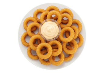 Isolated plate of fried onion rings with a creamy dipping sauce on neutral surface ready to eat