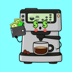 Coffee machine character holding wallet with money
