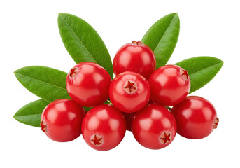 Isolated pile of lingonberries with leaves, raw cranberry, cowberry in bunch on no background