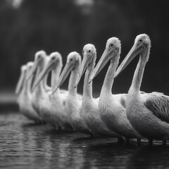 Pelicans a row on a lake authentic teaching moment realistic human expressions natural soft lighting shallow DOF cinematic tones photorealistic DSLR photo with 85mm lens professional candid style