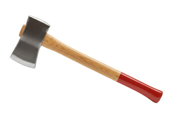 Isolated axe or hatchet with wooden handle and red end grip for chopping wood in the yard