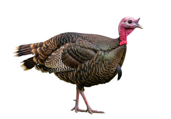 Isolated Wild Turkey bird, colorful feathers and red head standing on legs, farm animal