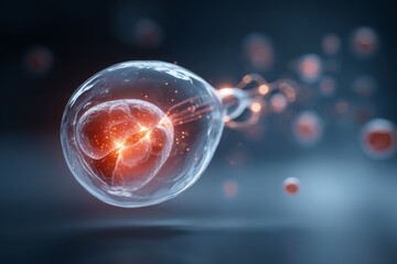 A detailed 3D rendering of a single cell and cellular structures, highlighting biological processes and advanced research in cell biology and modern medicine.