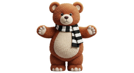 Isolated teddy bear with scarf, cute standing toy animal, adorable brown plush, cheerful character
