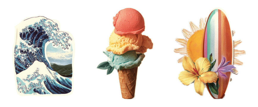 Vibrant Summer Collage with Waves, Ice Cream, and Surfboard Elements