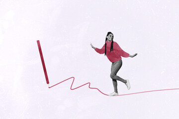 Poster 3d art pop image collage of happy businesswoman businessman stand rope development aim achievement progress pencil