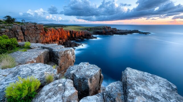 Breathtaking Dramatic Sunset Over Jagged Cliffs with Golden Light Reflecting on Calm Ocean Waves