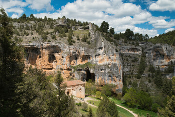 Fototapeta premium Cañón del Río Lobos Natural Park, an impressive gorge and refuge for birds of prey with the Templar hermitage of San Bartolomé, located between the provinces of Soria and Burgos, Spain. 