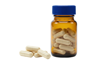 Isolated pills in a bottle of medicine, dietary supplements with a blue cap against pain