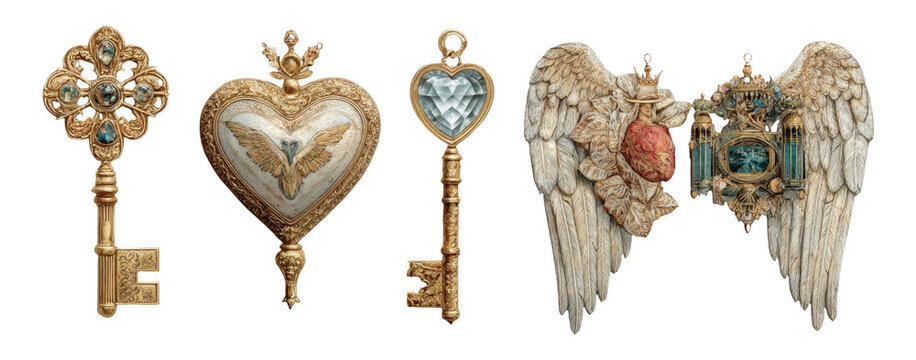 Vintage Decorative Keys with Angel Wings and Heart Motif on Transparent Background