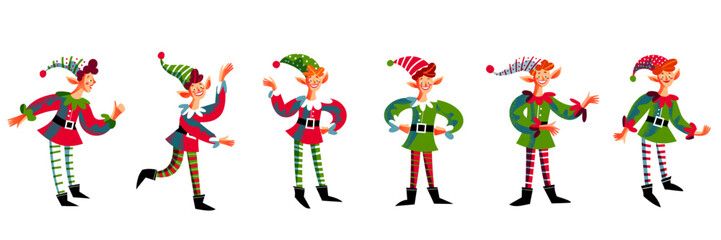 Set of Christmas elves in festive outfits. Elf wears a colorful striped hat, red and green clothing, and black boots. Playful poses and cheerful expressions. Holiday flat vector illustration.