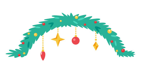 Christmas garland. Xmas fir branch decorated with various holiday ornaments on white background. Holiday winter season decorative element. Vector illustration.