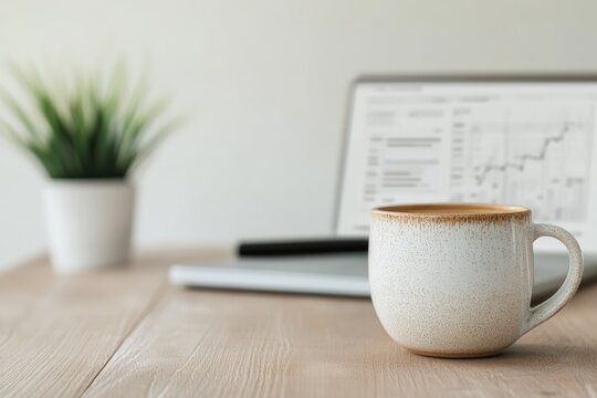 Coffee cup resting on a light wooden desk, with a laptop displaying business analytics in the background. Home office workspace