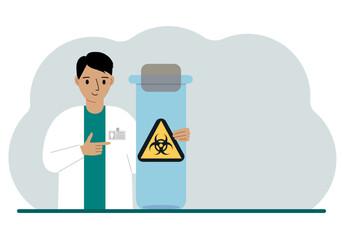 A male doctor or scientist is holding a test tube with a biohazard or virus warning label on it. Biological hazard.