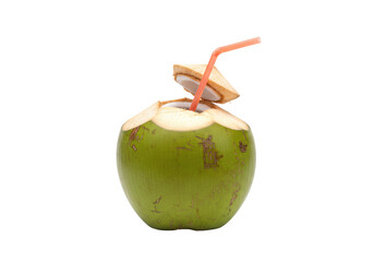 Isolated green coconut drink with straw, tropical beverage served at the beach, raw coconut