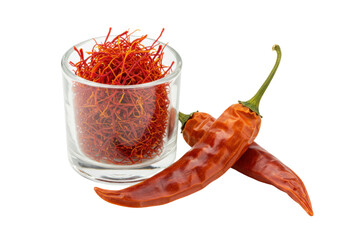 Isolated glass of saffron threads and two chili peppers, dried food for culinary use