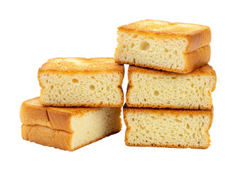 Isolated stack of golden toast bread slices, baked homemade toasted bread recipe style