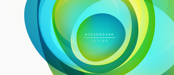 Abstract layers create circular design. Vibrant greens, blues, yellows blend seamlessly. Text reads background design within central form.