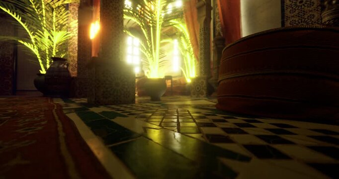 Warm sunlight streams through the windows of a beautifully decorated Moroccan room. The intricate tile patterns reflect a rich cultural heritage, surrounded by lush greenery.