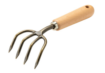 Isolated garden cultivating fork with wood handle for transplanting plants and turning soil