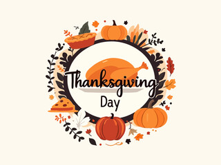 Thanksgiving Day wreath with turkey, pumpkins, pie, and autumn leaves.