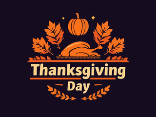 Thanksgiving Day illustration with turkey, pumpkin, and leaves on a dark background.