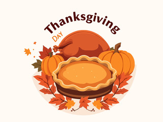 Thanksgiving Day illustration with turkey, pumpkin pie, and pumpkins.