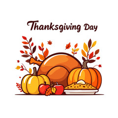 Thanksgiving Day illustration with turkey, pumpkins, apples, and pie.