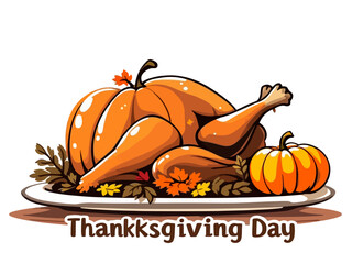 Thanksgiving Day cartoon illustration of a turkey and pumpkin on a platter.